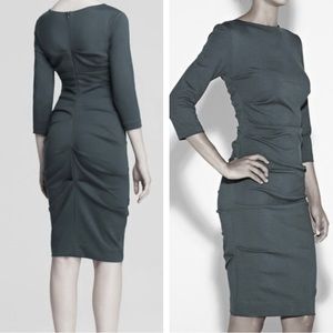 Nicole Miller Studio, Olive Green Ruched Long Sleeved Bodycon Dress, Size M.